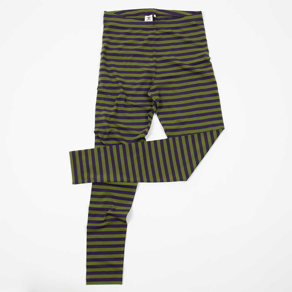 Randiga leggings i ekologisk bomull, i färgen olivgrönt och aubergine