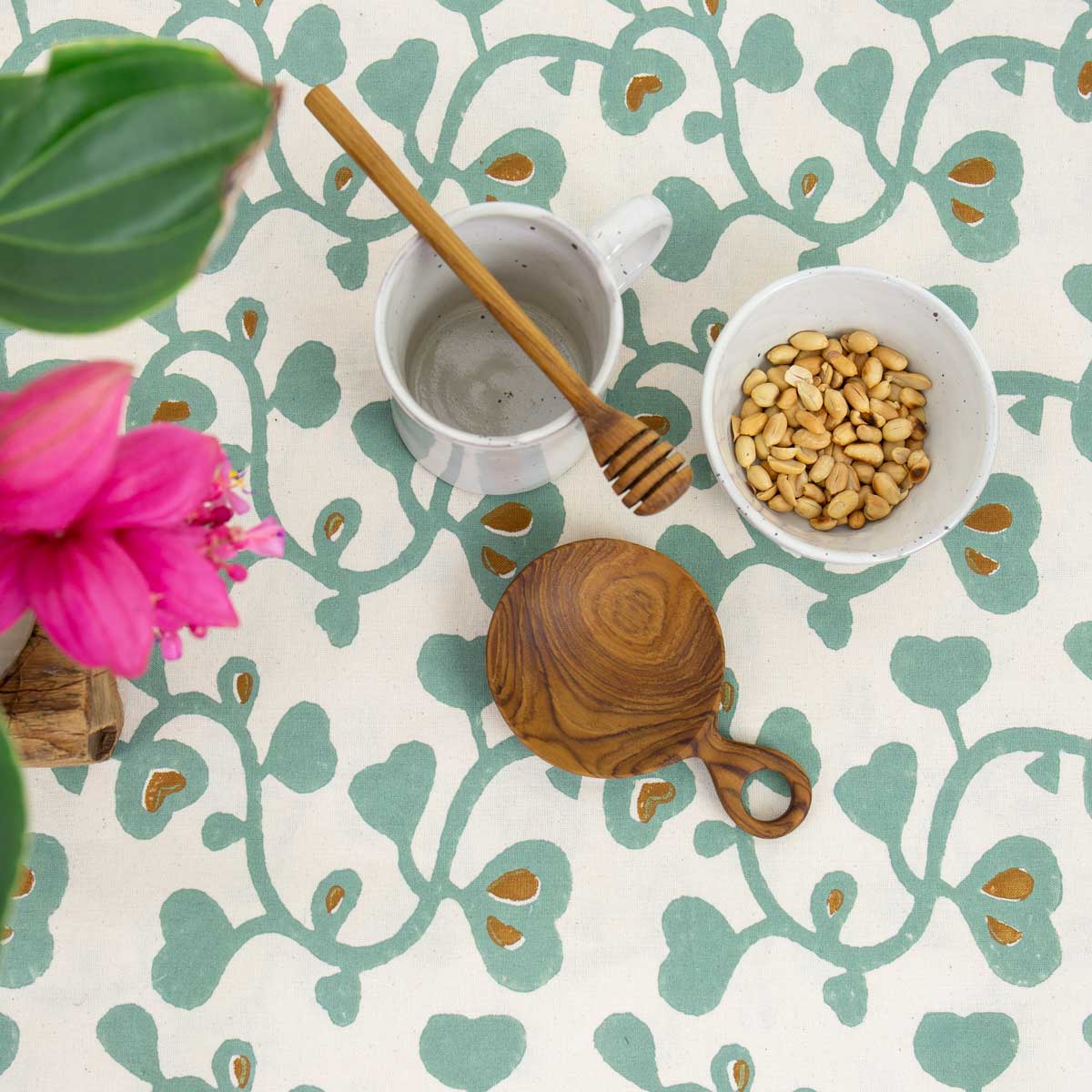 HEARTFLOWER Tablecloth, offwhite/turquoise