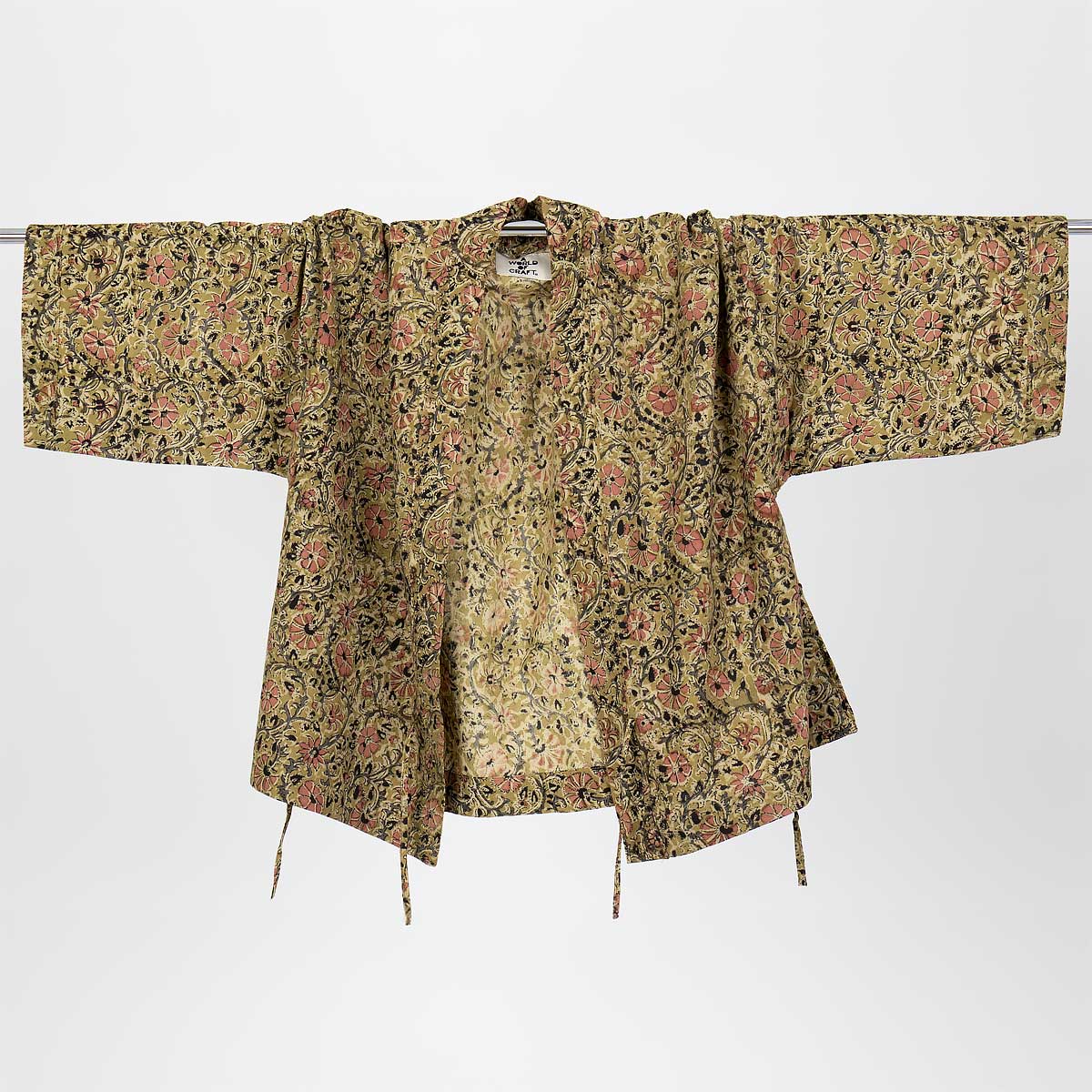 Kort kimono i senapsgult blommönster - Fair Trade