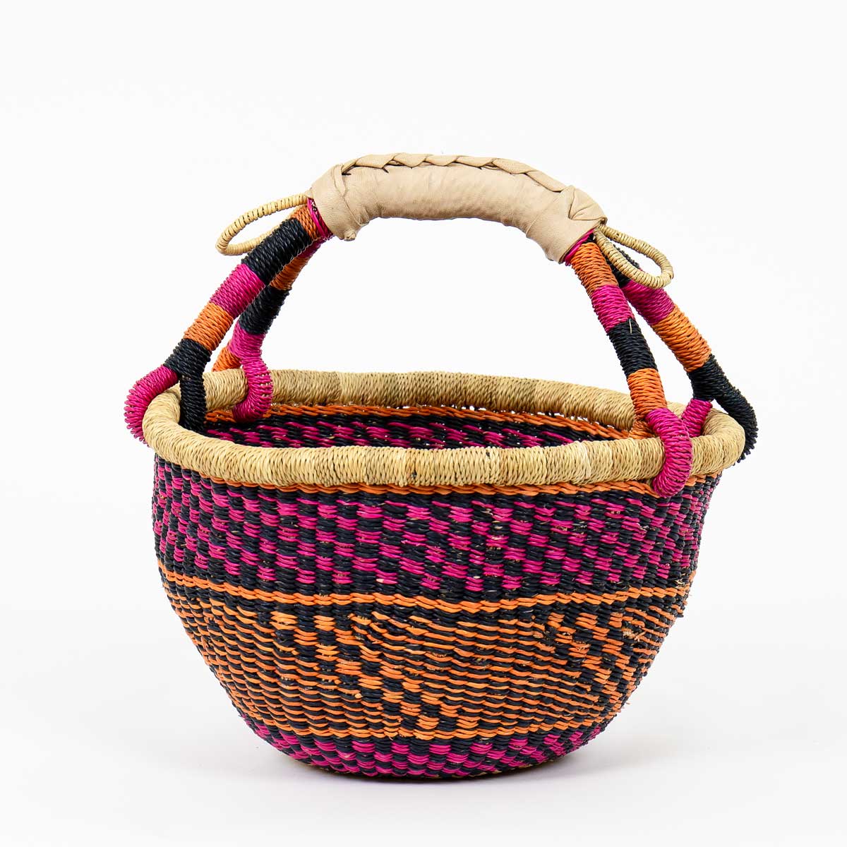 Liten rund picknickkorg med handtag i rosa och orange
