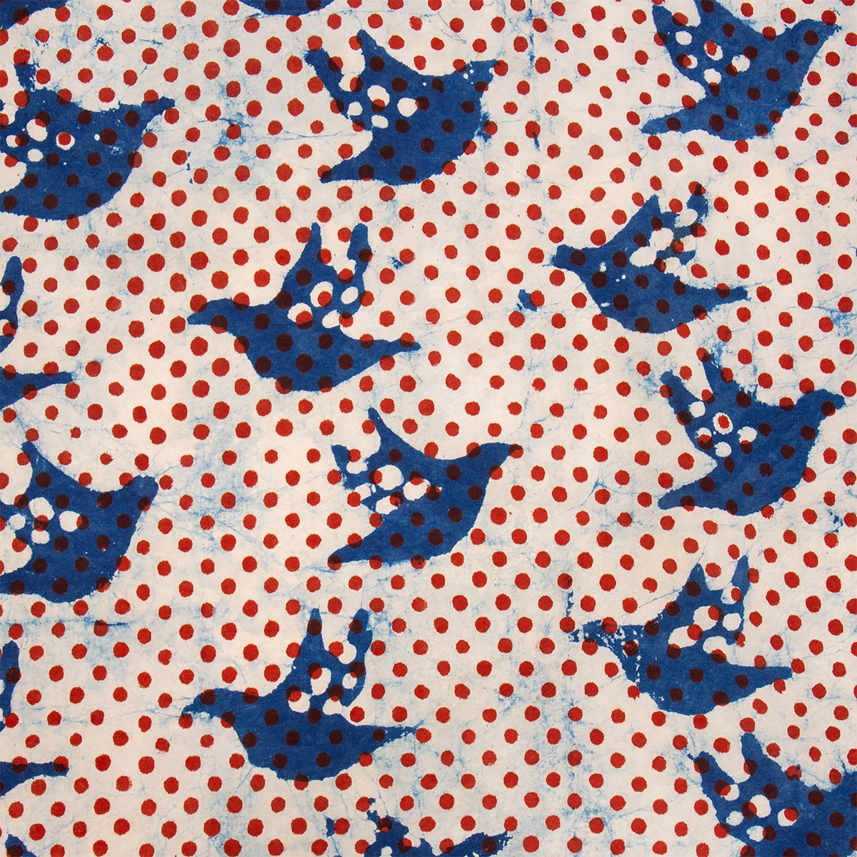 NATURAL Flying dot Fabric, indigo/red