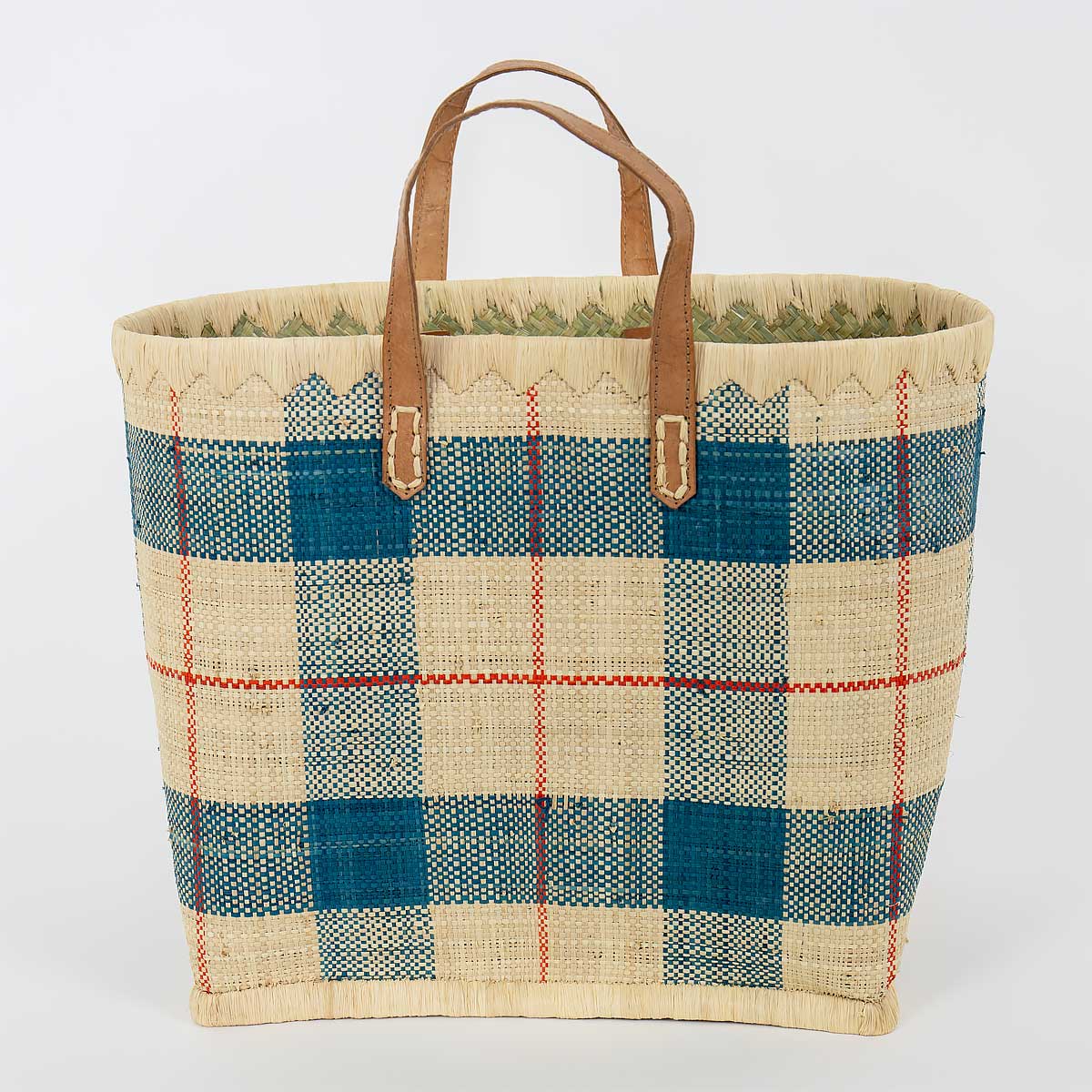 RAFFIA Bag checked L, blue/nature
