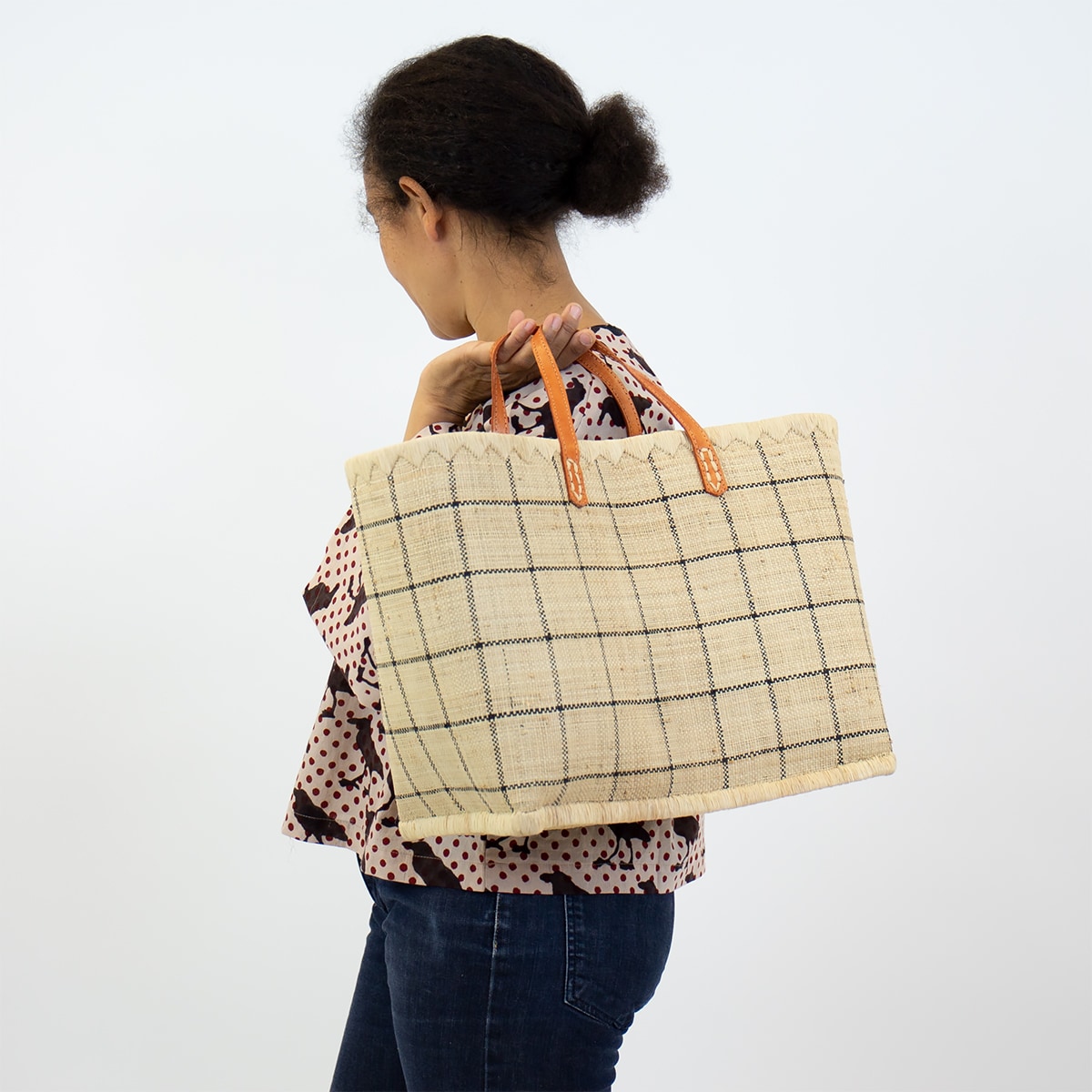 RAFFIA Bag checked L, nat/bla