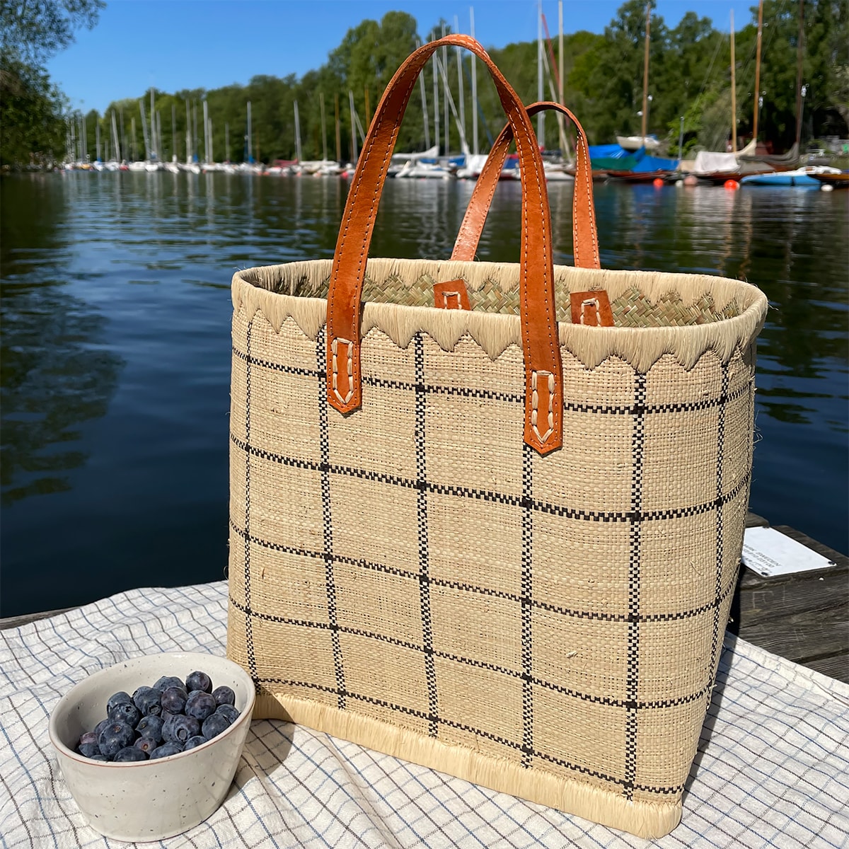 RAFFIA Bag checked S, nat/bla