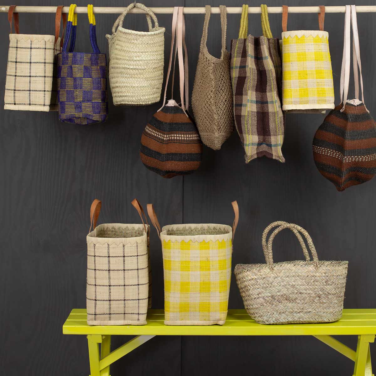 RAFFIA Bag checked S, yellow/nature